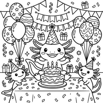 Get ready for an adorable celebration with this axolotl birthday party coloring page designed for kids. Featuring cute axolotls, a yummy cake, and festive decorations, it's perfect for young artists to bring to life.