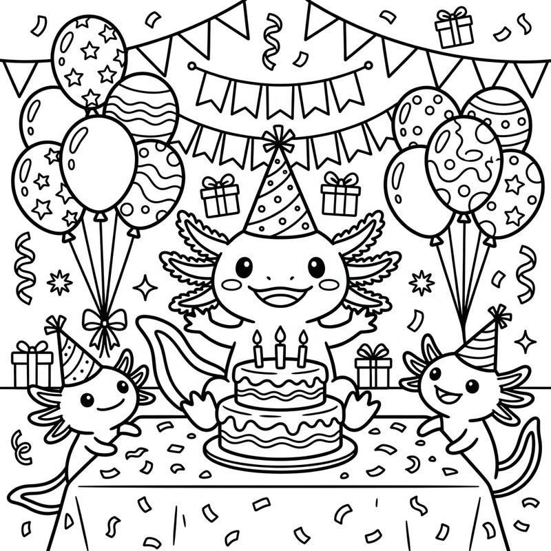 Get ready for an adorable celebration with this axolotl birthday party coloring page designed for kids. Featuring cute axolotls, a yummy cake, and festive decorations, it's perfect for young artists to bring to life.