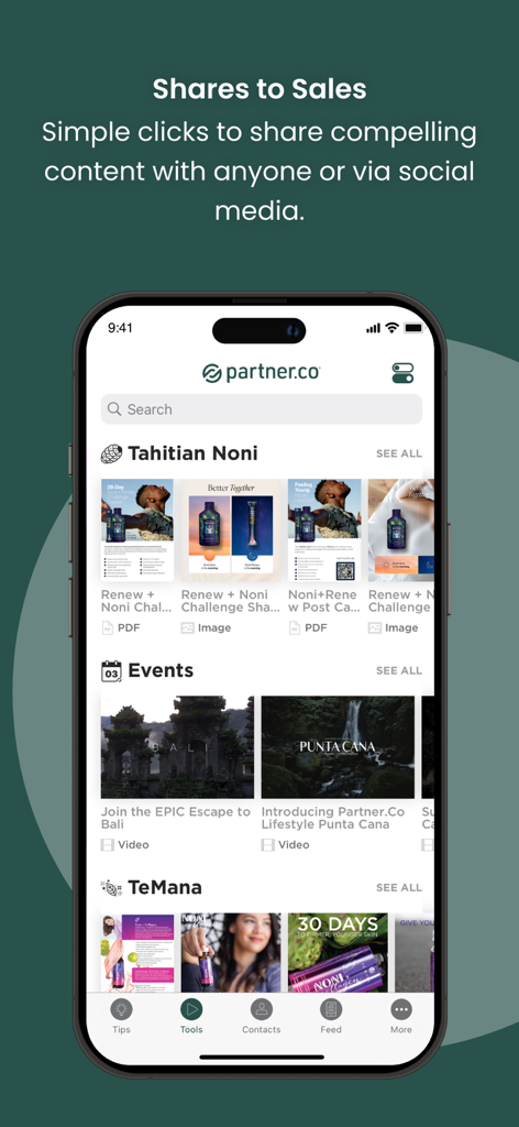 Partner.Co Share - Interface de l'application Partner Co Share affichant une bibliothèque de contenu marketing comprenant des images et des vidéos pour les partenaires de marque