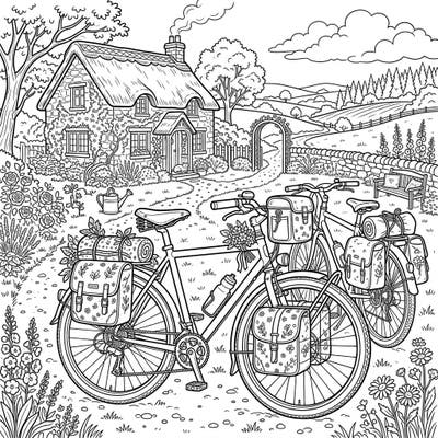 Embark on a serene journey with this beautiful cottagecore coloring page, featuring two fully equipped touring bikes awaiting adventure. Discover the charm of rustic life as you bring this peaceful scene to vibrant life with your colors.