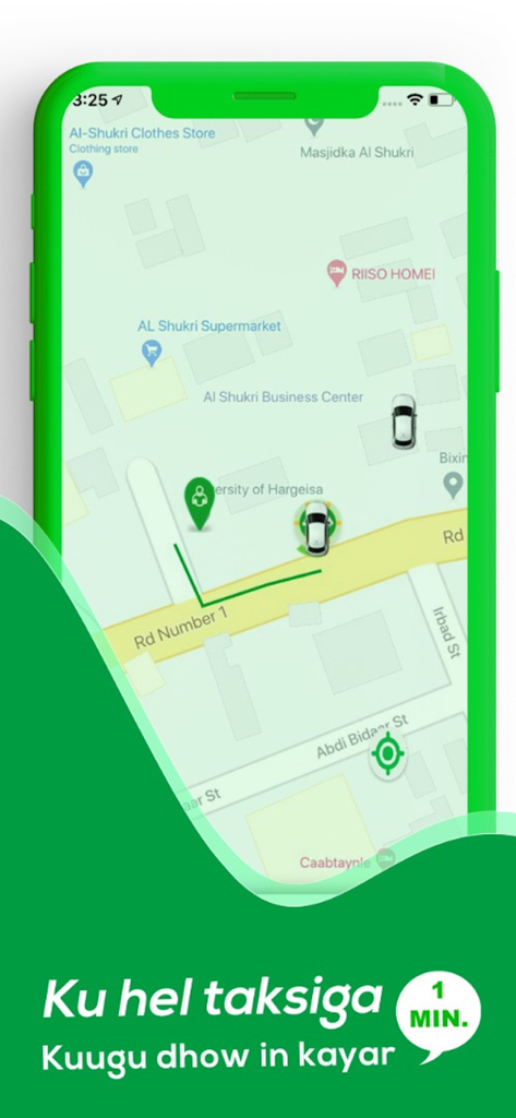 Dhaweeye - Dhaweeye ride hailing app interface showing a map with available vehicles and estimated arrival time