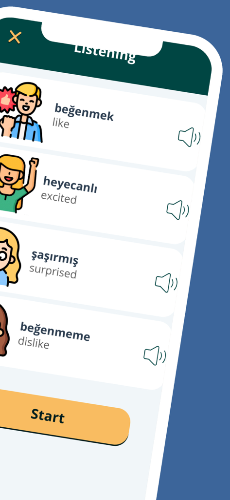 Interface de l'application mobile pour apprendre le vocabulaire turc à travers des mots d'émotion illustrés et l'audio du locuteur natif