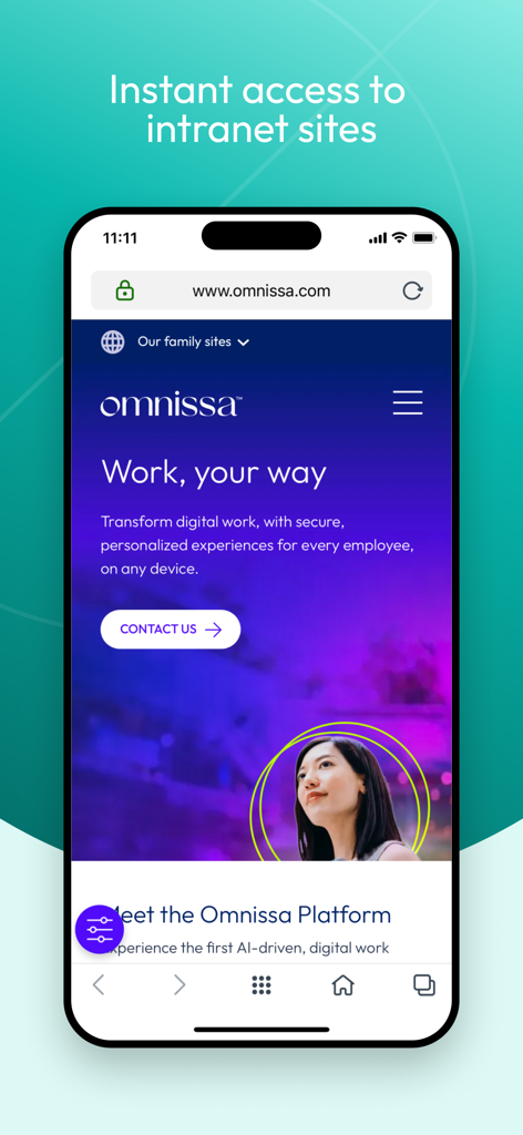 Aplicativo móvel Workspace ONE Web mostrando acesso seguro a um site da intranet