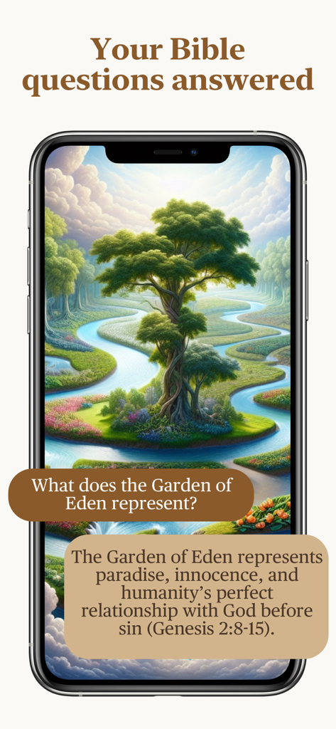 Bible Chat - Interfaz de la aplicación Bible Chat que muestra una respuesta respaldada por versículos sobre el Jardín del Edén con una ilustración de un paisaje exuberante