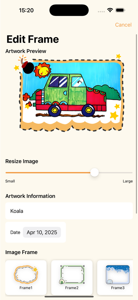 PaintyFrame - photo frame - A child drawing of a car in the PaintyFrame app edit screen with various frame options