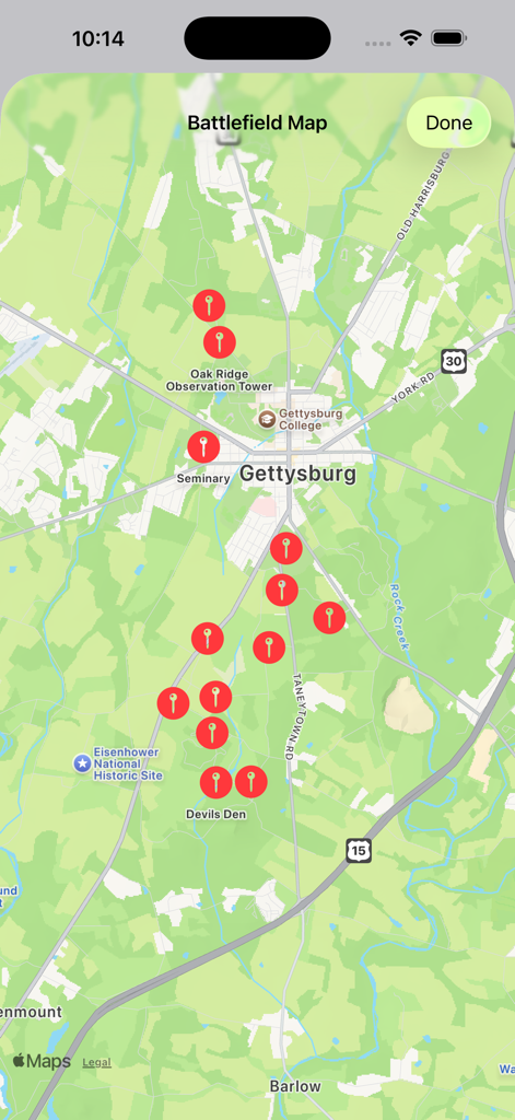 Battle of Gettysburg - Mapa interactivo del campo de batalla de Gettysburg con marcadores para sitios históricos clave como Devils Den y Oak Ridge.