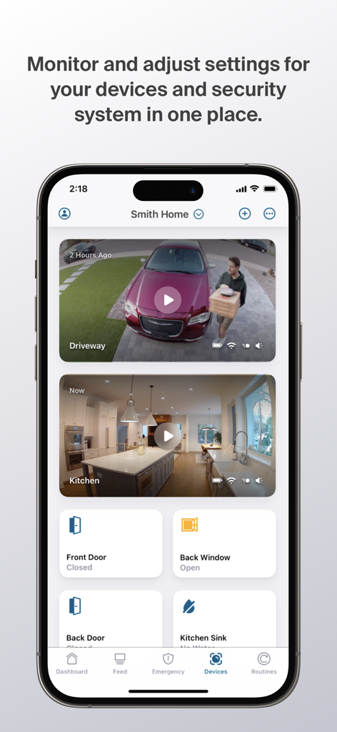 Arlo Secure app dashboard with live camera feeds and home security settings.