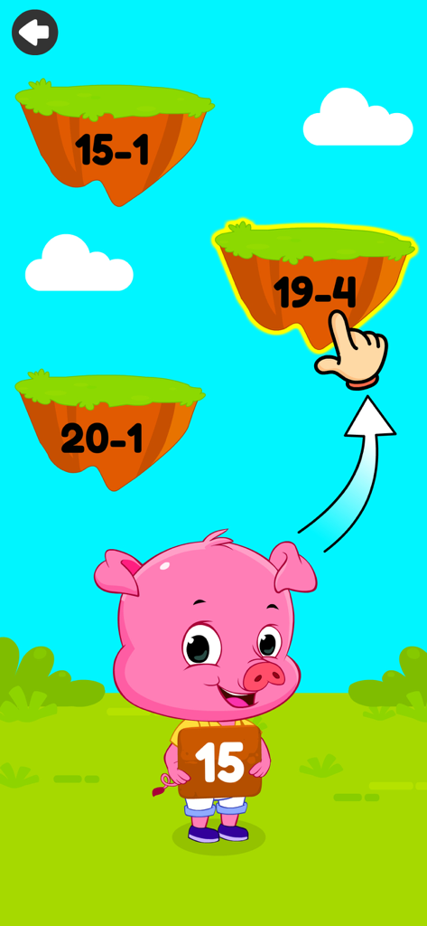 Cartoon pig teaching subtraction in a gamified math app for kids