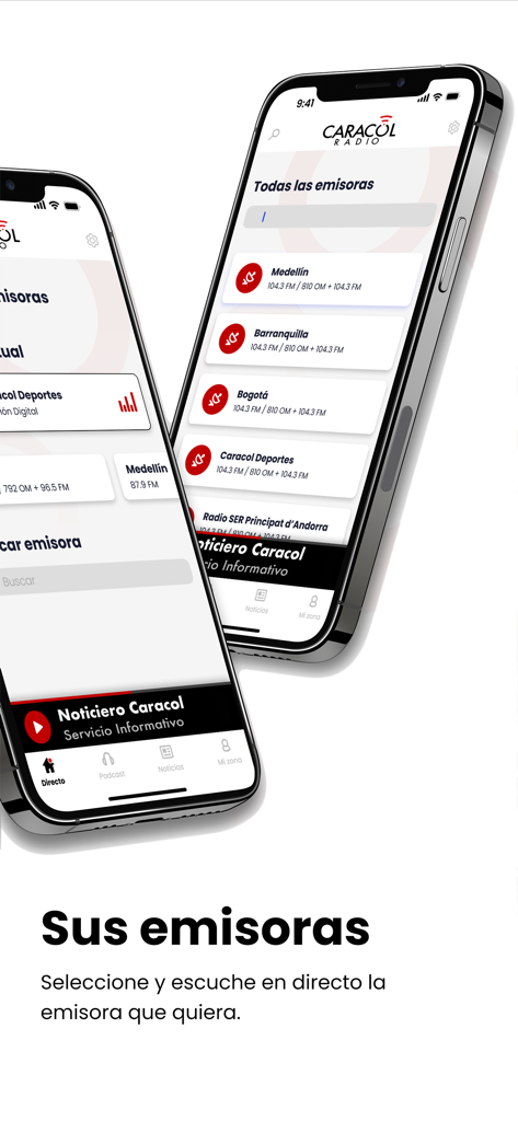 Caracol Radio - Interfaz de la aplicación Caracol Radio mostrando una lista de estaciones de radio en vivo de ciudades colombianas como Medellín y Bogotá.