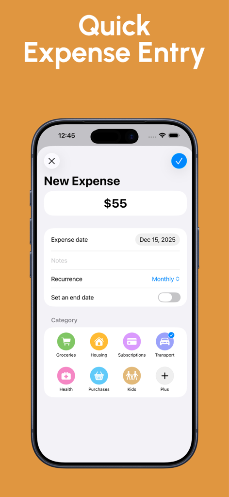 Folyo – Expense Tracker - Interface para adicionar uma nova despesa no aplicativo Folyo com ícones de categoria e opção de recorrência mensal.