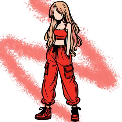 girl in baggy pants crop top and long hair