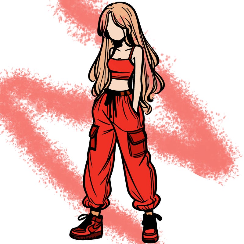 girl in baggy pants crop top and long hair