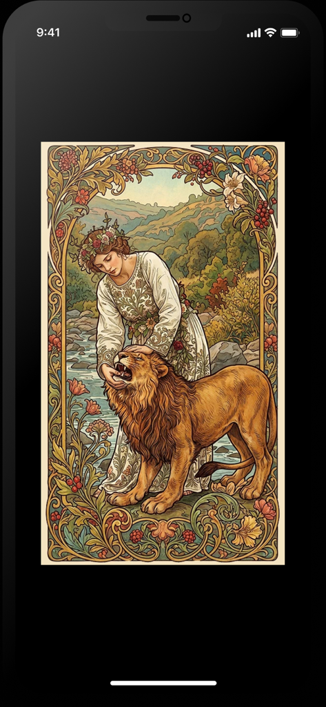 Tarot Reading: Love & Advice - Illustrazione Art Nouveau della carta della Forza dei tarocchi che mostra una donna che doma gentilmente un leone