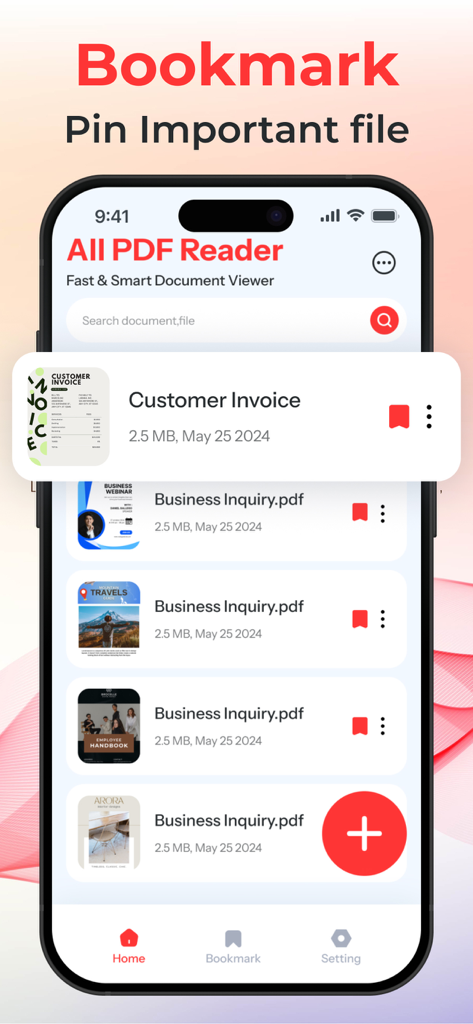 All PDF Reader - All PDF Readerアプリのインターフェイスで、重要なファイルをブックマークおよびピン留めします