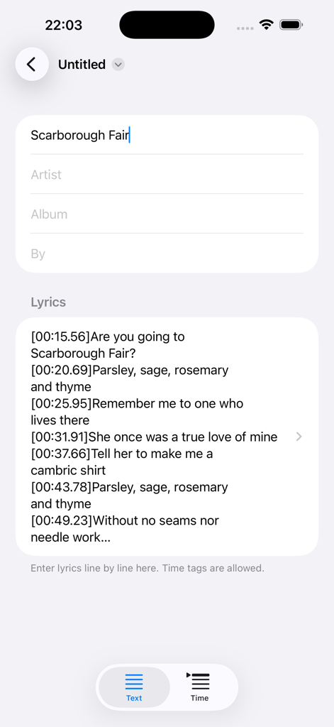 Interface of the LRC Maker app showing synchronized lyrics for Scarborough Fair with time tags.