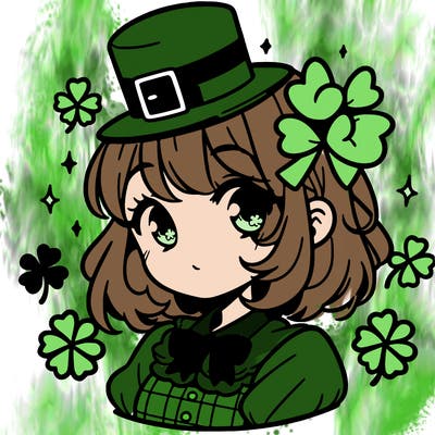 a manga-style girl with clovers around her, a little hat in her hair, like it's saint patrick's day