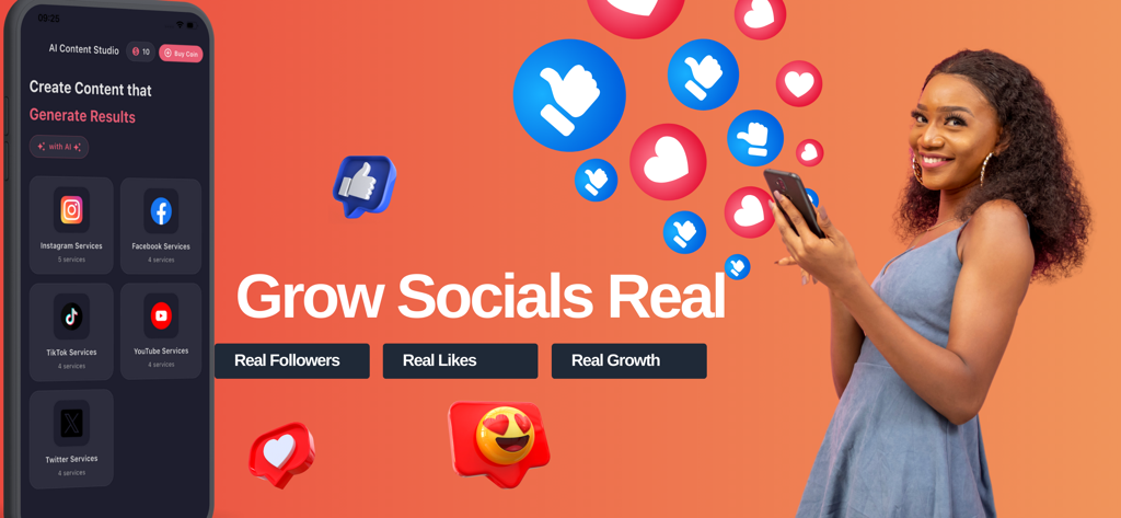 Real Followers and Likes - Eine junge Frau nutzt die App Echte Follower und Likes, um ihre Social-Media-Konten organisch wachsen zu lassen