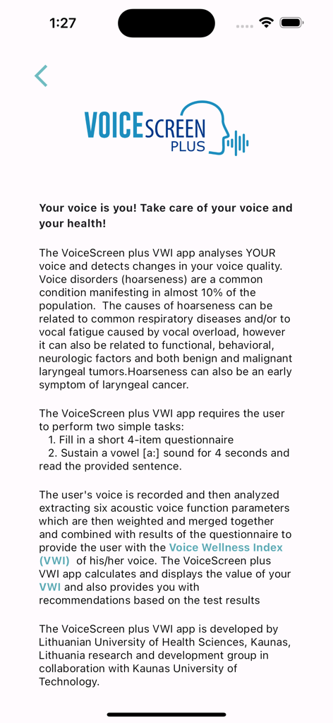 VoiceScreen+ - Introductory screen of the VoiceScreen Plus app describing how it uses acoustic parameters to calculate a Voice Wellness Index