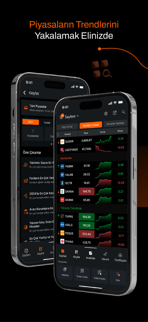 Matriks Mobil IQ: Borsa Döviz - ダークモードでリアルタイムの金融市場データと株価リストを表示するMatriks Mobil IQアプリのインターフェイスを表示する2台のiPhone。