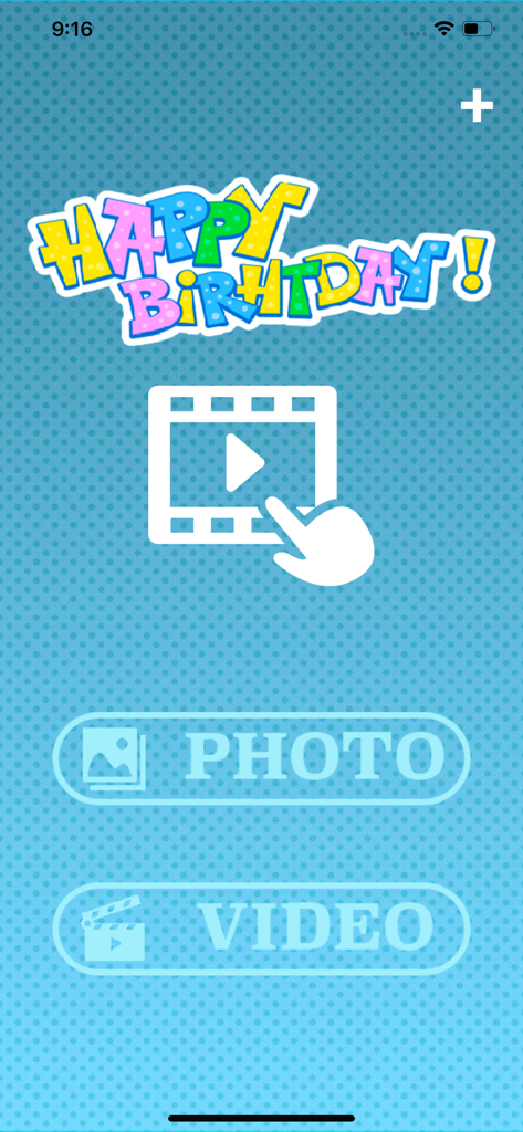 Birthday videos maker - Pantalla de inicio de la aplicación Creador de videos de cumpleaños que muestra botones de selección de fotos y videos