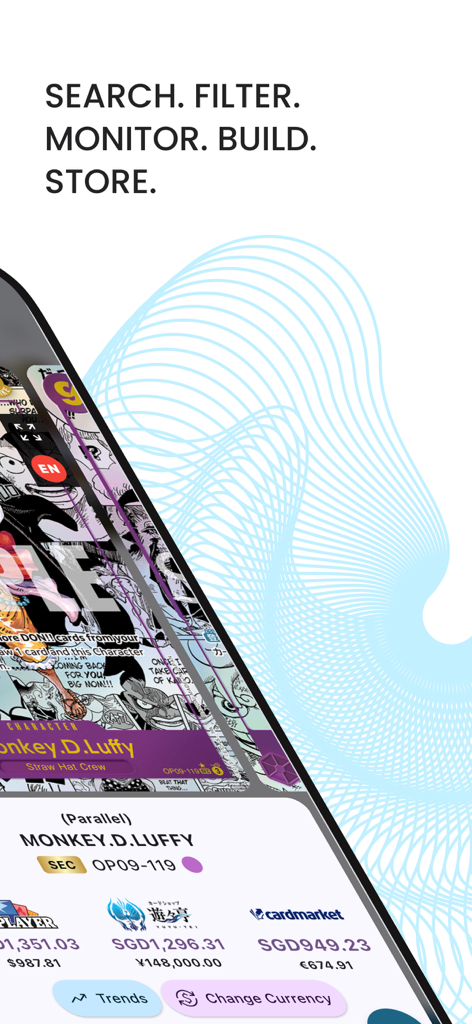 OP TCG Dex - Pantalla de la aplicación OP TCG Dex mostrando precios de cartas de Monkey D Luffy de múltiples mercados y opciones de conversión de divisas