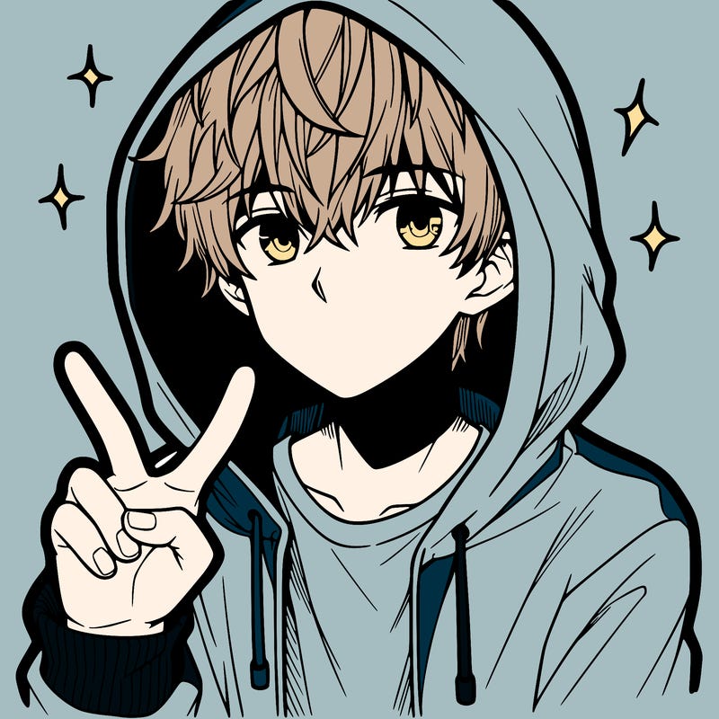 teenage manga boy in a hoodie, doing ✌