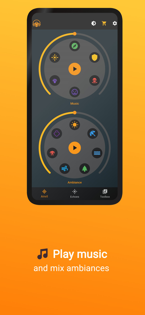 Audio Forge app interface showing circular dials for mixing music and ambiances for tabletop gaming