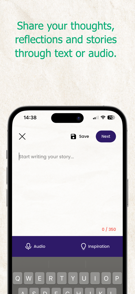 The Storyplace app interface for sharing personal stories and reflections using text or audio.