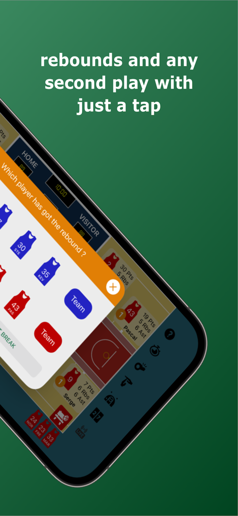Basketball Stats Assistant - Interface of the Basketball Stats Assistant app showing a prompt to select which player grabbed a rebound.