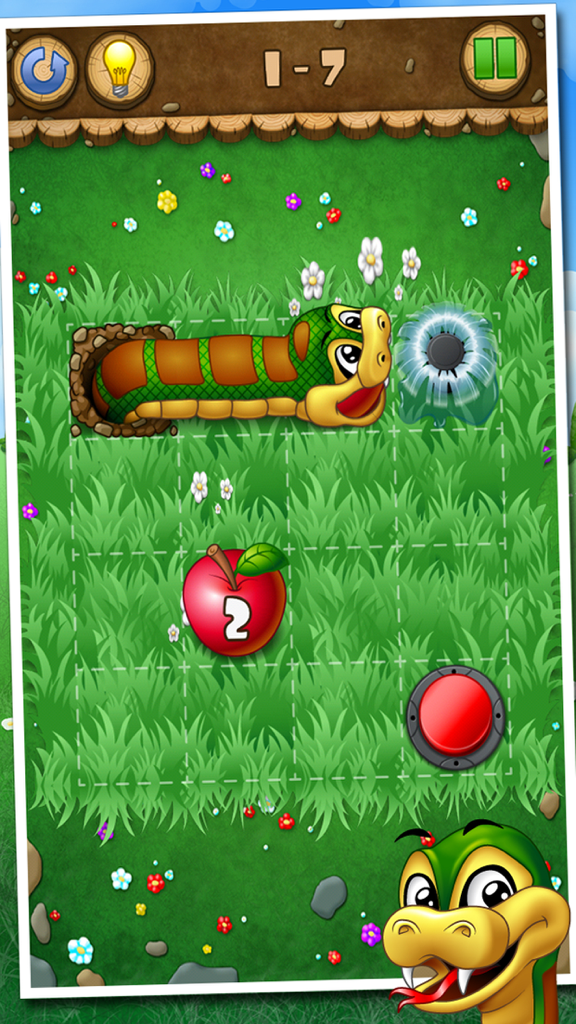 Snakes and Apples - A logic puzzle level in Snakes and Apples showing a cartoon snake navigating a grassy grid to eat an apple.