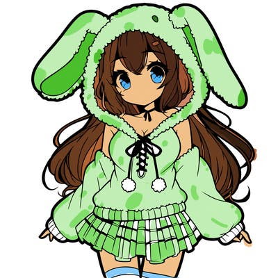 pretty anime girl wearing a fluffy hoodie with bunny ears on the hood and a skirt