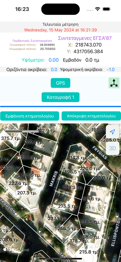Egsa 87 Hepos - Satellitenansicht von Grundstücksparzellen mit Flächenangaben und EGSA87-Koordinaten.