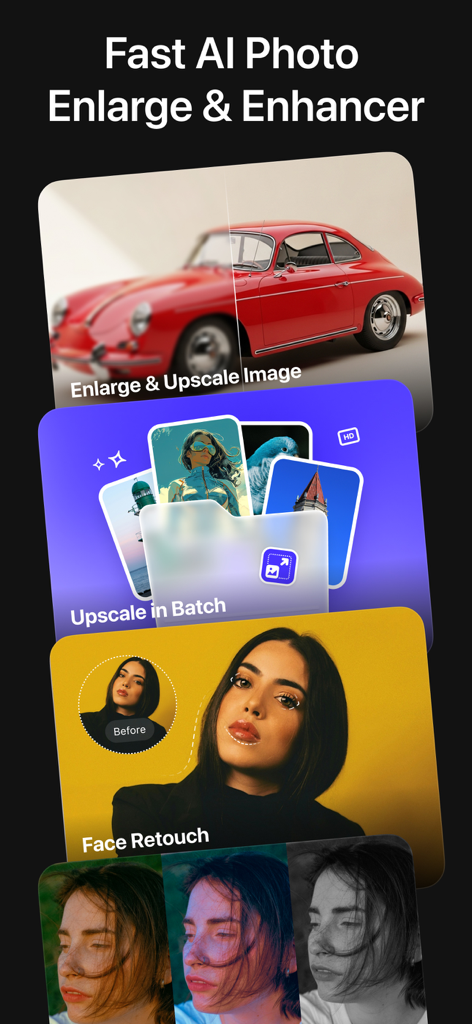 Une image promotionnelle pour AI Enlarger montrant des fonctionnalités comme le redimensionnement d'images, le traitement par lots et la retouche de visages avec des exemples avant/après.