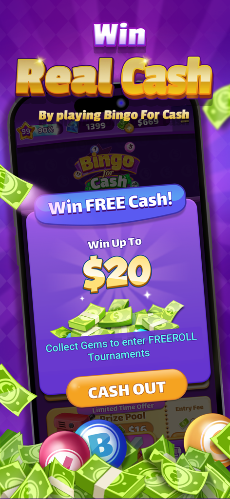 Promotional screen for Bingo For Cash app showing opportunities to win up to twenty dollars and cash out real money rewards.