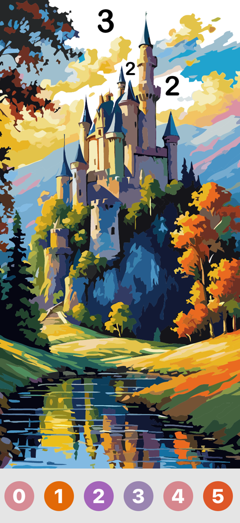 Oil Painting : Color By Number - Digital oil painting of a castle landscape with color by number interface