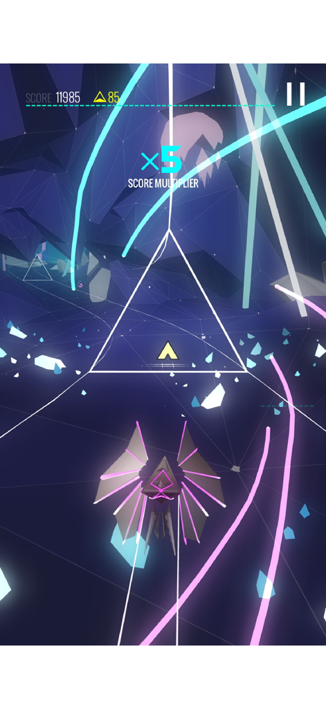 A futuristic spaceship flying through a neon geometric tunnel in Avicii Gravity HD game