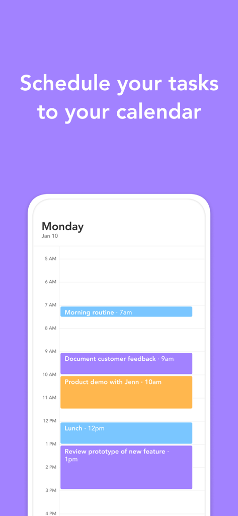 Interfaz de la aplicación móvil de Sunsama que muestra una vista de calendario diario con tareas y rutinas programadas