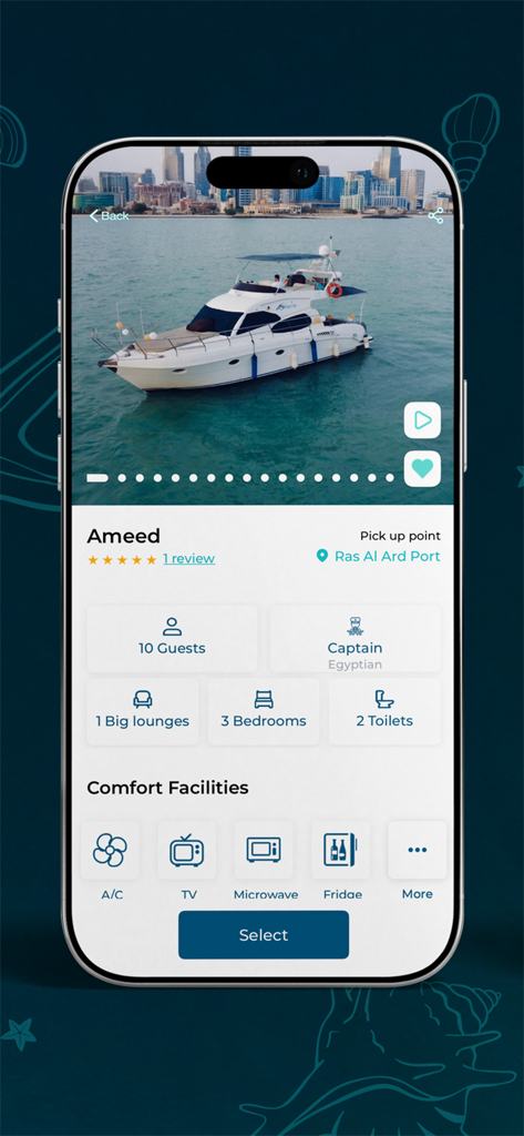 Mobile interface of the Waves app showing yacht capacity and comfort facilities for the Ameed yacht