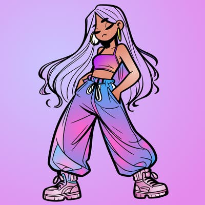 girl in baggy pants crop top and long hair