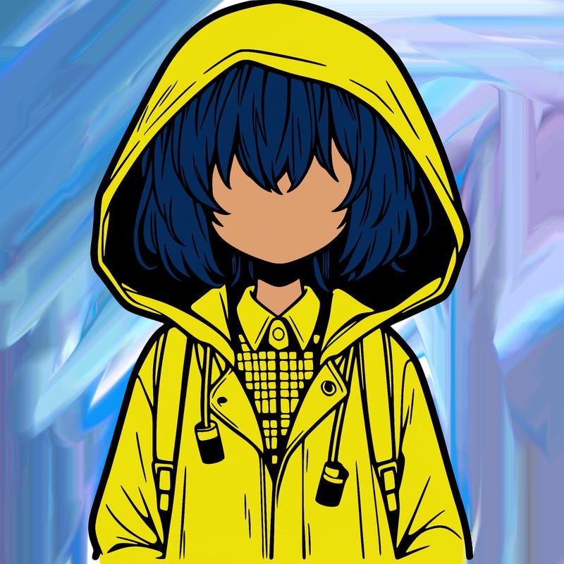 little anime girl in a raincoat her hair is covering her eyes she has a lighter