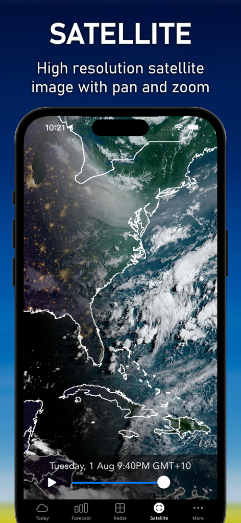 AIM Weather - AIM Weather app showing a high resolution satellite image of cloud patterns over the US East Coast