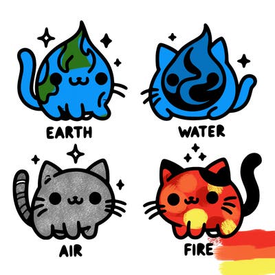 4 cats that represent the different elements, earth, water, air, and fire