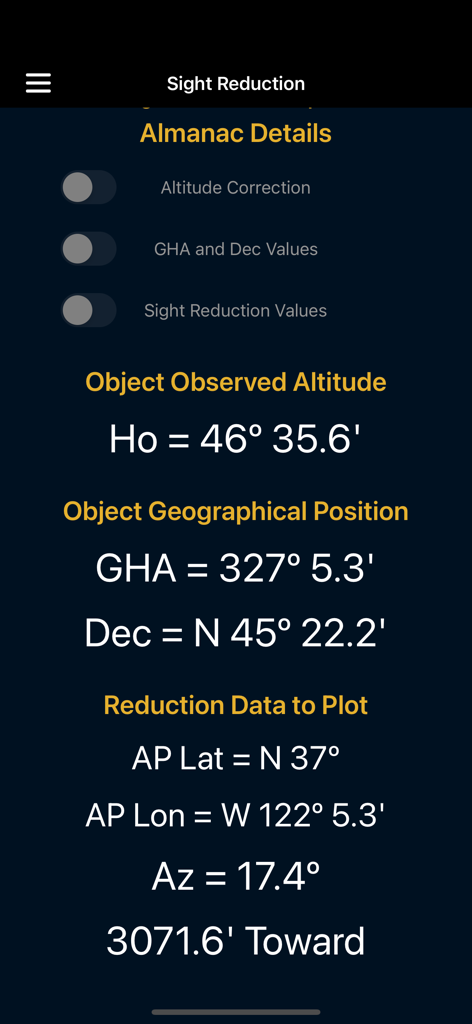 EZ Nautical Almanac - Oberfläche der EZ Nautical Almanac App, die Himmelsdaten zur Sichtreduktion anzeigt, einschließlich beobachteter Höhe und geografischer Position
