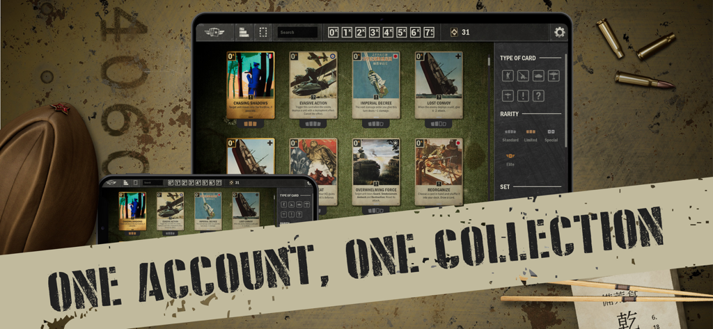 KARDS WW2 card game collection screen showing cross-platform synchronization between tablet and smartphone