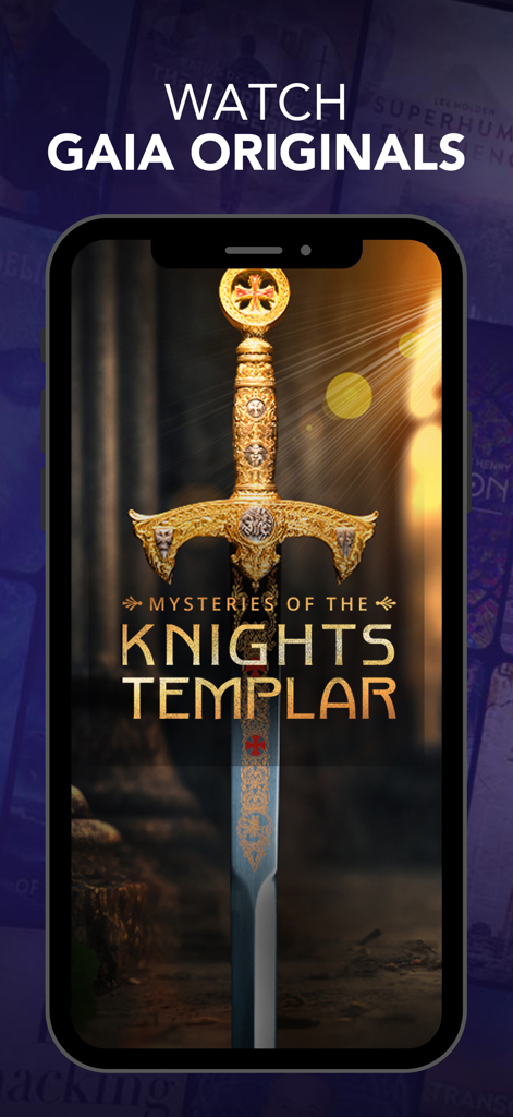 Gaia: Streaming Consciousness - Gaia original series Mysteries of the Knights Templar title screen featuring an ornate golden sword