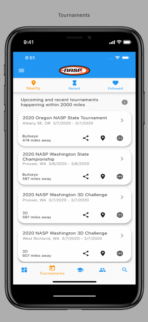 NASP® Portal - NASP Portal app displaying a list of nearby archery tournaments for student athletes.