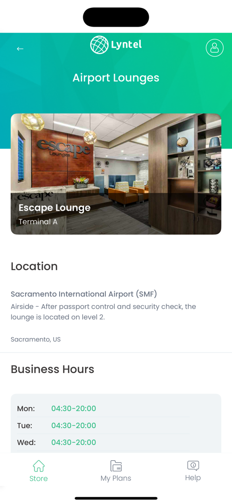 Lyntel eSIM - Lyntel app screen showing airport lounge location and business hours for travelers