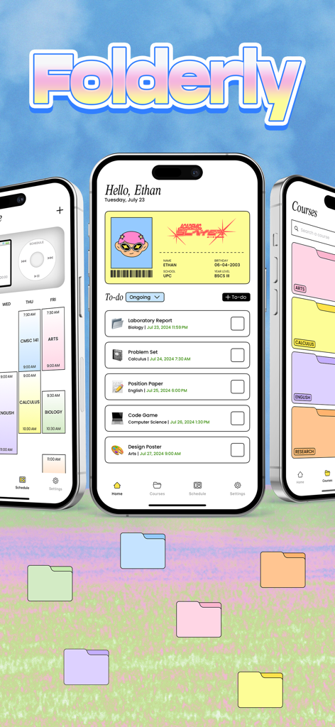 Three iPhones displaying the Folderly app interface featuring a student ID card, class schedule, and organized course folders.