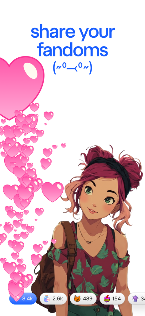 Character AI: Chat, Talk, Text - Anime style girl character illustration with pink floating hearts and share your fandoms text