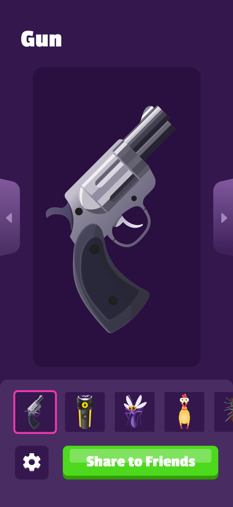 Interface of the Air Horn and Fart Sounds Prank app showing a revolver gun sound effect with a share button